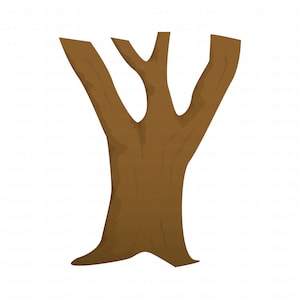 May include: A cartoon illustration of a brown tree trunk with three branches. The trunk is thick and textured, with a slightly curved base. The branches are cut off at the top, giving the impression of a stylized tree.