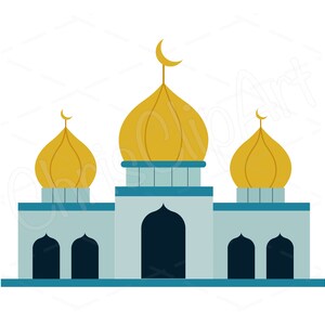 May include: A blue and yellow illustration of a mosque with three domes. The mosque has a crescent moon on top of the central dome.