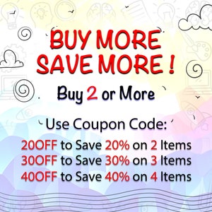 Puede incluir: Un gr&aacute;fico colorido con el texto "BUY MORE SAVE MORE!" y "Buy 2 or More". El gr&aacute;fico tambi&eacute;n incluye el texto "Use Coupon Code:" seguido de una lista de c&oacute;digos de descuento: "200FF to Save 20% on 2 Items", "300FF to Save 30% on 3 Items", y "400FF to Save 40% on 4 Items".