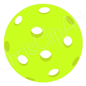 May include: A bright green, round, plastic ball with white holes. The ball is a common type of ball used in the sport of pickleball.