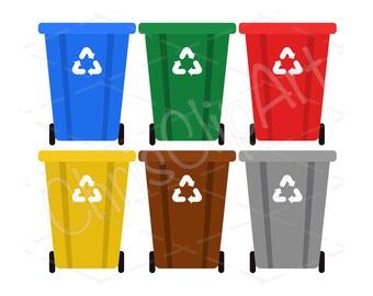 Recycling Bins Clipart Bundle SVG PNG JPG - 6 Colors - Waste Management Graphics - Recycling Bin Cricut - Recycling Graphics