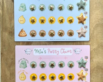 May include: Two potty training charts, one blue and one pink, with gold star stickers. The blue chart is for "Max" and the pink chart is for "Mia". Each chart has illustrations of a potty, a urine drop, and a poop.