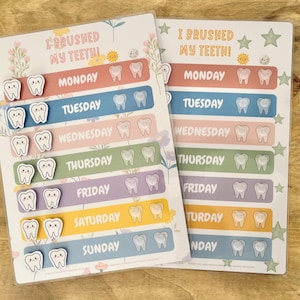 May include: Two colourful charts with the text "I Brushed My Teeth!" and days of the week. Each day has a row for attaching tooth-shaped stickers. The charts are decorated with flowers, stars, and smiling sun and tooth graphics.