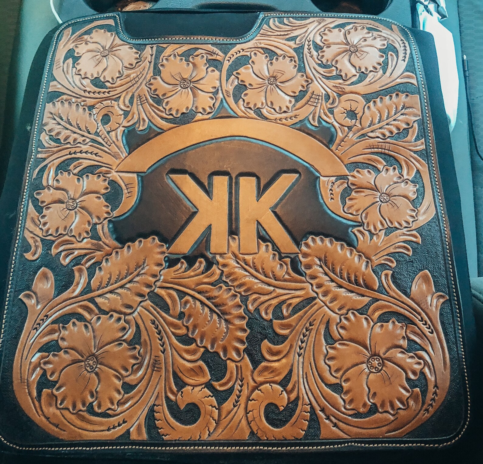 Custom Tooled Leather Vehicle Console Cover Custom Leather Etsy