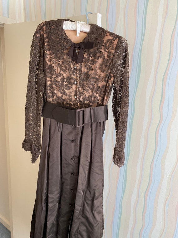 Brown satin and lace gown