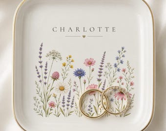 Bandeja para joyas personalizada con diseño de flores silvestres, bandeja para anillos con nombre personalizado, bandeja para baratijas con diseño floral, regalo de cumpleaños para ella, regalo para damas de honor, regalo para amigas.