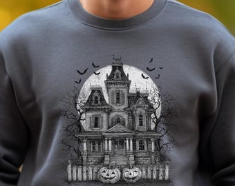 Bluza z nadrukiem "Vintage Haunted House", koszulka na Halloween, koszulka "Summerween", koszulka "Vintage Halloween", koszulka "Nietoperze", bluza unisex "Spooky Season"