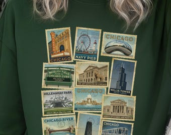 Vintage Chicago Postage Stamp Sweatshirt, Chicago Sweatshirt, Retro Navy Pier Millennium Park Crewneck, Chicago Travel Vacation Gift