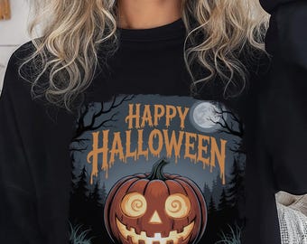 Happy Halloween Pumpkin Sweatshirt, Cozy Unisex Jack-O’-Lantern Crewneck with Full Moon, Spooky Autumn Vibes & Fall Comfort