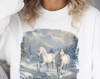 Retro 90s White Horses Sweatshirt, Vintage Winter Scene Crewneck, Cozy Unisex Pullover, Snowy Mountain Wildlife Shirt, Horse Lover Gift