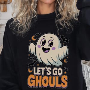 Let&#39;s Go Ghouls Halloween Ghost-sweater, leuk spookachtig seizoen, uniseks ronde hals, gezellige herfsttrui dames, ghoul bendeplezier, halloweenkostuum