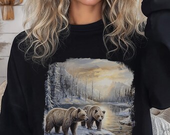 Retro 90s Grizzly Bear Sweatshirt, Bear Snow Scene Crewneck, Unisex Pullover, Vintage Winter Wildlife Graphic Shirt, Nature Lover Gift