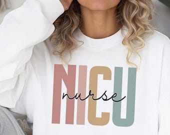 NICU Nurse Sweatshirt, Colorful NICU Text Crewneck, Cozy Retro Nursing Shirt, Unisex Heavy Blend Pullover, Medical Worker Gift