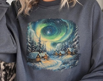 Retro jaren 90 noorderlicht-sweater, vintage winterhutten ronde hals, gezellige uniseks trui, grafisch shirt besneeuwd landschap, cadeau natuurliefhebber