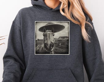 Funny UFO Horse Hooded Sweatshirt | Unisex Cozy Hoodie for Animal Lovers, Farmhouse Decor, Gift for Birthdays, Holidays