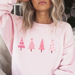 Pink Christmas Tree Sweatshirt, Christmas Sweatshirt, Xmas Matching Trees Minimalist Sweatshirt, Christmas Eve Holiday Party Gifts