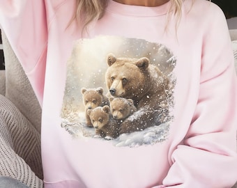 Retro 90s Grizzly Bear Sweatshirt, Bear Cubs Snow Scene Crewneck, Unisex Pullover, Vintage Winter Wildlife Graphic Shirt, Nature Lover Gift
