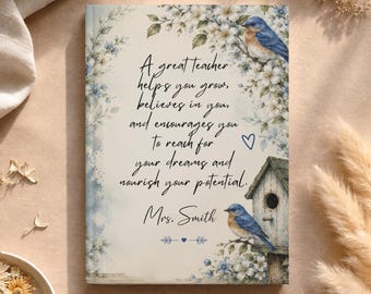 Personalized Bluebird Teacher Journal Gift, Custom Teacher Appreciation Notebook, Thank You Gift for Teacher, Bluebird Journal