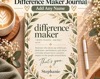 Difference Maker Journal, een gepersonaliseerd cadeau voor medewerkers, een bedankje voor collega's, een notitieboekje voor personeelsherkenning, met gepersonaliseerde naam.