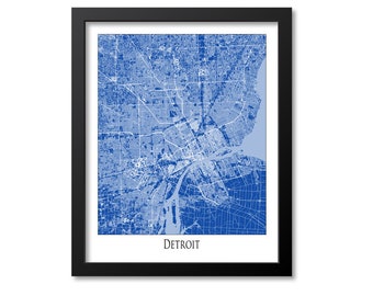 Detroit Map Print Poster Wall Art, Michigan Gift, Detroit City Map Decor, Blue Canvas