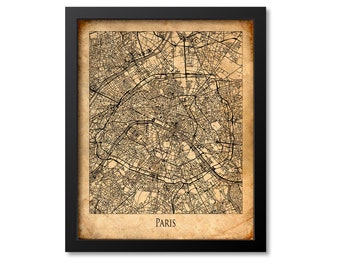 Paris Map Print Poster Wall Art, France Gift, Paris City Map Decor, Vintage Canvas