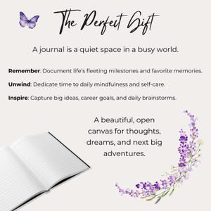 Puede incluir: Un diario abierto con p&aacute;ginas rayadas, un gr&aacute;fico de mariposa morada e ilustraciones florales de lavanda. El texto dice: The Perfect Gift, A journal is a quiet space in a busy world. Remember, Unwind, Inspire y A beautiful, open canvas for thoughts.