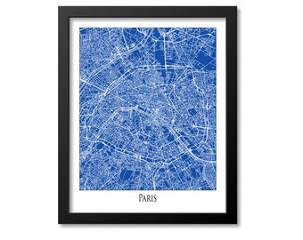 Paris Map Print Poster Wall Art, France Gift, Paris City Map Decor, Blue Canvas