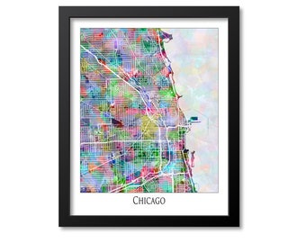 Chicago Map Print Poster Wall Art, Illinois Gift, Chicago City Map Decor, Watercolor Canvas