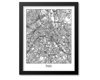 Paris Map Print Poster Wall Art, France Gift, Paris City Map Decor, Black White Canvas