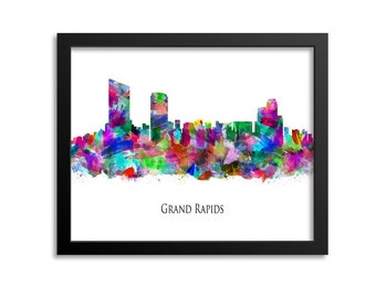 Grand Rapids Skyline, Cityscape Painting Art Print Poster Gift Michigan Canvas or Print