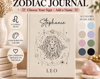 Diario del zodíaco personalizado, cuaderno de astrología celestial, diario de tapa dura con nombre personalizado, regalo del signo zodiacal, regalo de cumpleaños para ella.