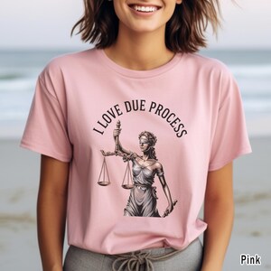 May include: Pink t-shirt with the text "I LOVE DUE PROCESS" above an illustration of Lady Justice holding scales. The illustration is in shades of gray and brown.