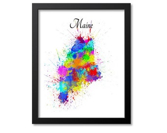 Maine Paint Splashes Map, Wall Art Print, Maine Gift, Paint Splatter, Canvas or Print