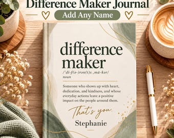 Difference Maker Journal, een gepersonaliseerd cadeau voor medewerkers, een bedankje voor collega's, een notitieboekje voor personeelsherkenning, met gepersonaliseerde naam.