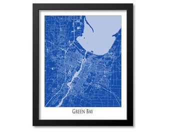 Green Bay Map Print Poster Wall Art, Wisconsin Gift, Green Bay City Map Decor, Blue Canvas