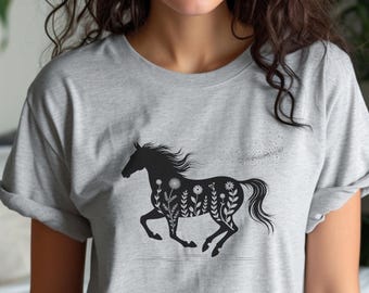 Floral Horse Shirt, Horse Lover Tee, Running Horse Graphic Tee, Western Boho Horse T-Shirt, Nature Lover Gift, Equestrian Horse Lover Gift