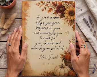Personalized Fall Teacher Journal Gift, Custom Teacher Appreciation Notebook, Thank You Gift for Teacher, Autumn Pumpkins Journal