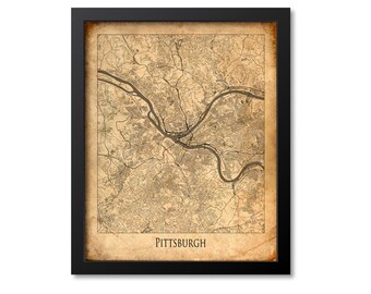 Pittsburgh Map Print Poster Wall Art, Pennsylvania Gift, Pittsburgh City Map Decor, Vintage Canvas