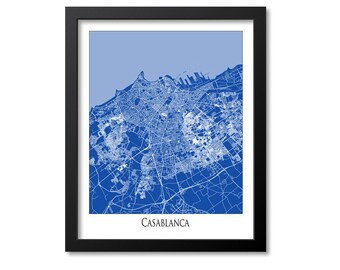 Casablanca Map Print Poster Wall Art, Morocco Gift, Casablanca City Map Decor, Blue Canvas