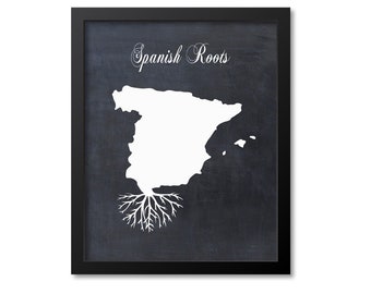 Spanish Roots Print, Spain Art, Spain Gift, Spain Roots Print, Spain Map Print, Spain Map Art, Spain Wall Art Poster, Chalkboard Canvas