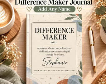 Difference Maker Journal, een gepersonaliseerd cadeau voor medewerkers, een bedankje voor collega's, een notitieboekje voor personeelsherkenning, met gepersonaliseerde naam.