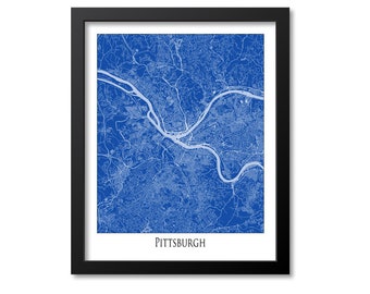 Pittsburgh Map Print Poster Wall Art, Pennsylvania Gift, Pittsburgh City Map Decor, Blue Canvas