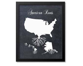 American Roots Print, United States Art, USA Gift, Untied States Map Print, USA Map Art, Wall Art Poster, Chalkboard Canvas