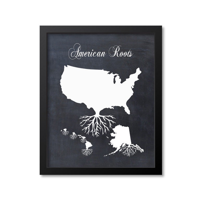 American Roots Print, United States Art, USA Gift, Untied States Map Print, USA Map Art, Wall Art Poster, Chalkboard Canvas image 1