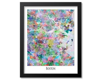 Boston Map Print Poster Wall Art, Massachusetts Gift, Boston City Map Decor,Watercolor Canvas