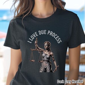 May include: Dark grey heather t-shirt featuring the text "I LOVE DUE PROCESS" in white, arched above an illustration of Lady Justice. The illustration depicts a blindfolded woman holding scales and a sword.