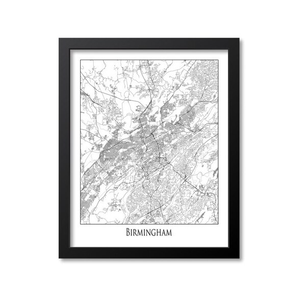 Birmingham Map Print Poster Wall Art, Alabama Gift, Birmingham City Map Decor, Black White Canvas