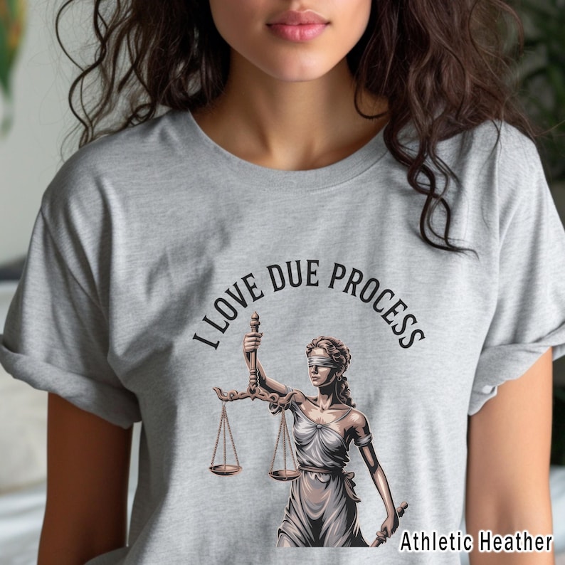 May include: Athletic heather gray t-shirt with the text "I LOVE DUE PROCESS" arched above an illustration of Lady Justice holding scales. The shirt is a short-sleeved crew neck.