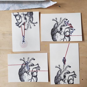 BALANCING ON THE HEART silkscreen + collage + red thread