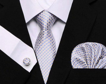 Cravate Soie,Jacquard+Boutons Manchette+Mouchoir,Accessoire Style,Mode,Élégante,Idée Cadeau Homme,Matériel épais